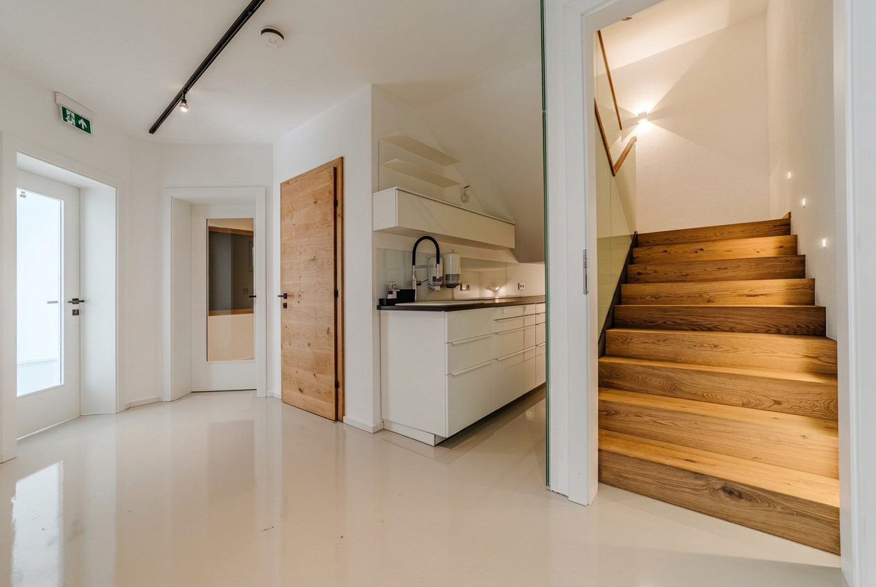 Eingang des Gewerbebereichs mit Teeküche und Treppe