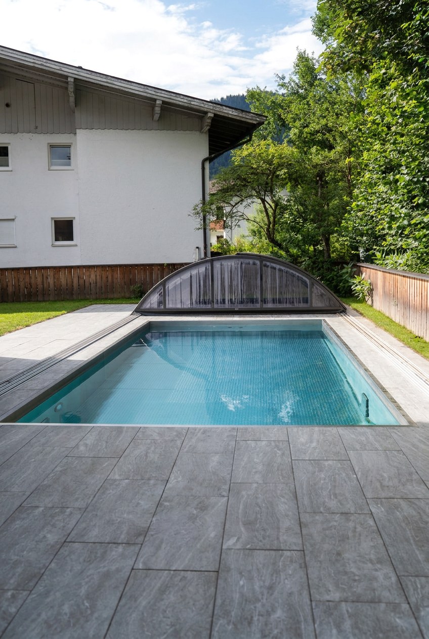 Geöffneter Pool mit Blick auf die Gartenseite